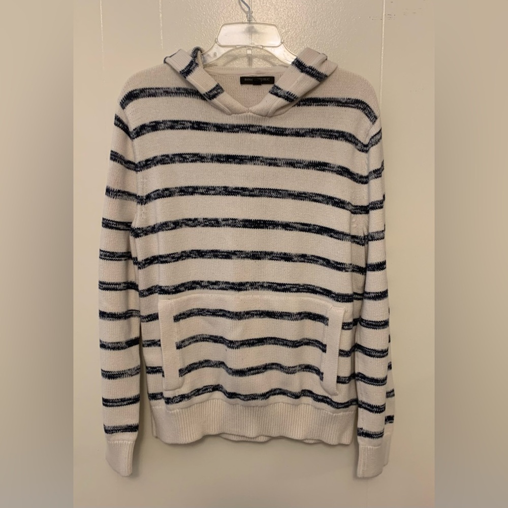 COPY - Banana Republic Women’s Cream And Charcoal Gray Striped Sweater Hooded S…